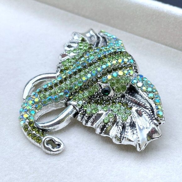 Silver with Emerald Peridot Green and AB Crystal Tusked Elephant Pin Back Brooch - Picture 5 of 10